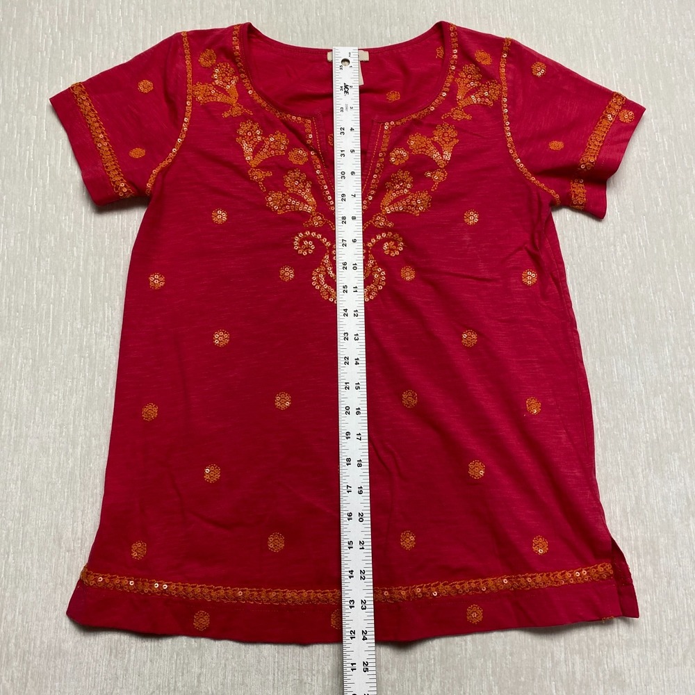 Sundance Floral Embroidered Top Womens Small Red Slub Sequin V-Neck Boho Blouse - Picture 7 of 16